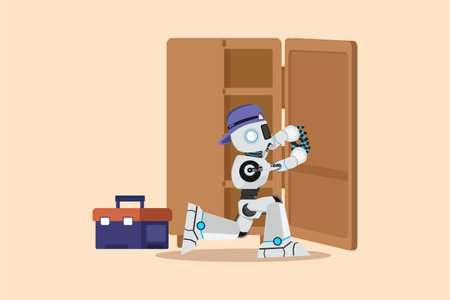 Business design drawing robot maker or constructions of wood home furniture. Robot carpenter assembling of wardrobe or cabinet with shelves. Future technology. Flat cartoon style vector illustrationのイラスト素材