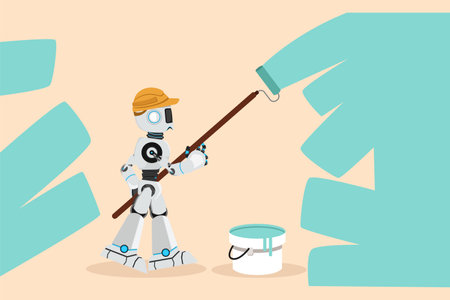 Business flat drawing robot painter holding paint brush roller, painting house apartment wall, home renovation. Humanoid robot cybernetic organism. Future robotic. Cartoon design vector illustrationのイラスト素材