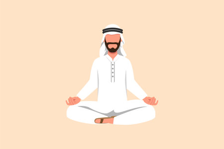Business flat drawing relaxed Arab businessman doing yoga and resting from busy work. Male office worker sitting in yoga pose, meditation, relaxing, manage stress. Cartoon design vector illustrationのイラスト素材