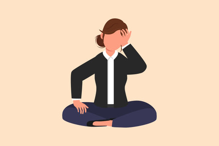 Business design drawing businesswoman who is asking questions or confused because she gets into problem. Running out of ideas, daydreaming, sad, sick, depressed. Flat cartoon style vector illustrationのイラスト素材