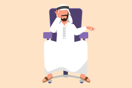 Business flat cartoon style drawing depressed Arab businessman sitting at chair, feeling stressed, alone. Anxious worker crying, feel frustrated, depressed, suffer. Graphic design vector illustrationのイラスト素材