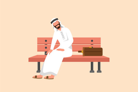 Business flat drawing sad depressed Arabian businessman sitting at bench park alone. Man suffering from depression, experiences dismissal, difficult life situation. Cartoon design vector illustrationのイラスト素材