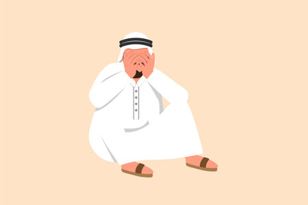 Business flat drawing sad depressed Arabian businessman cover his face by hands and sitting on the floor. Depression disorder, sorrow, disappointment symptom. Cartoon style design vector illustrationのイラスト素材
