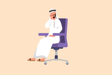 Business flat cartoon style drawing depressed Arabian businessman sitting on chair thinking about money for paying bills during crisis. Financial problem bankruptcy. Graphic design vector illustrationのイラスト素材