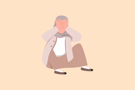 Business flat cartoon style drawing depressed Arabian businesswoman feeling sad with holding head and sitting on floor. Frustrated worker with mental health problem. Graphic design vector illustrationのイラスト素材