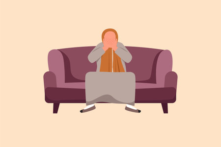 Business design drawing depressed Arab businesswoman sitting on sofa and holding head. Lonely female sitting on couch. Losing job due to economic finance crisis. Flat cartoon style vector illustrationのイラスト素材