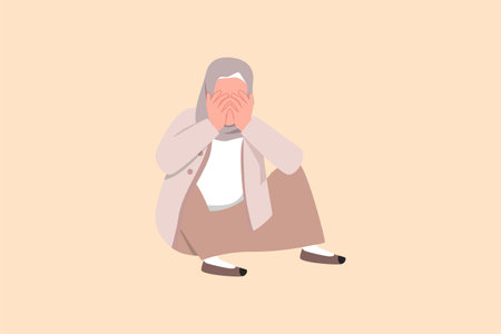 Business flat cartoon style drawing depressed Arab businesswoman cover her face by hands and sitting on the floor. Depression, sorrow, sick, disappointment symptom. Graphic design vector illustrationのイラスト素材