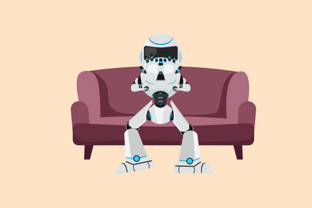 Business design drawing depressed robot sitting on sofa and holding head. Lonely cyborg sitting on couch. Future technology development. Artificial intelligence. Flat cartoon style vector illustrationのイラスト素材