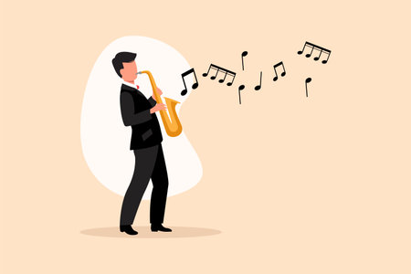 Business design drawing young saxophonist character. Jazz or blues musician, man plays saxophone. Male performer in festival jazz music, jazz band performances. Flat cartoon style vector illustrationのイラスト素材
