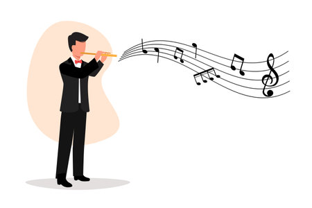 Business flat drawing male musician playing flute, standing in suit. Flutist performing classical music on wind instrument. Solo performance of talented flautist. Cartoon design vector illustrationのイラスト素材
