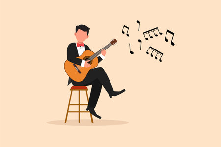 Business flat drawing young man character playing acoustic guitar. Teenage boy musician playing strings at musical performance. Professional musician. Cartoon style graphic design vector illustrationのイラスト素材