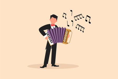 Business flat drawing man musician character playing accordion. Male performer plays acoustic musical instrument. Accordionist perform playing music instrument. Cartoon design vector illustrationのイラスト素材