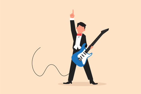 Business flat cartoon style drawing young male musician plays electric guitar. Man practicing in playing guitar. Guitarist perform playing music instrument on stage. Graphic design vector illustrationのイラスト素材