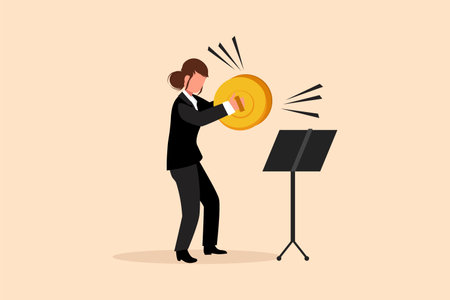 Business design drawing female musician playing cymbals. Woman performer playing classical music with percussion musical instrument. Person performs on stage. Flat cartoon style vector illustrationのイラスト素材
