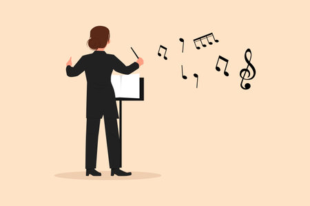 Business flat drawing back view woman conductor performing on stage, female musician in tuxedo directing classic instrumental symphony orchestra. Cartoon character graphic design vector illustrationのイラスト素材