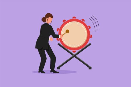 Business flat cartoon style drawing happy woman hitting bedug or traditional drum for suhoor and iftar time Ramadan. Muslim person calling people to pray to mosque. Graphic design vector illustrationのイラスト素材