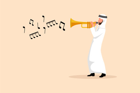 Business design drawing Arabian man play trumpet. Music instrumental. Jazz musician playing trumpet instrument. Trumpet player. Orchestra performer. Music performance. Flat cartoon vector illustrationのイラスト素材