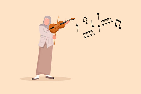 Business design drawing Arab woman musician playing violin. Classical music performer with musical instrument. Female musician playing violin at music festival. Flat cartoon style vector illustrationのイラスト素材