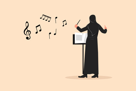 Business flat cartoon style character drawing back view Arab woman conductor performing on stage, female musician directing classic instrumental symphony orchestra. Graphic design vector illustrationのイラスト素材