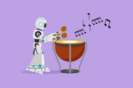 Flat cartoon style drawing active robot percussion player holding stick and play timpani. Robotic artificial intelligence. Electronic technology industry. Graphic design character vector illustrationのイラスト素材