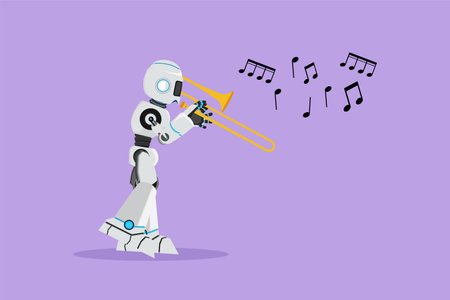 Flat cartoon style drawing robot character play trombone wind instrument at classic music event. Humanoid robot cybernetic organism. Future robotic development. Graphic draw design vector illustrationのイラスト素材