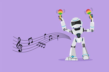 Flat cartoon style drawing robot performer with maracas musical instrument at music festival. Modern robotic artificial intelligence. Electronic technology industry. Graphic design vector illustrationのイラスト素材
