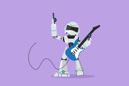 Flat cartoon style drawing modern robot guitarist perform playing electric guitar on stage. Humanoid robot cybernetic organism. Future robot character development. Graphic design vector illustrationのイラスト素材