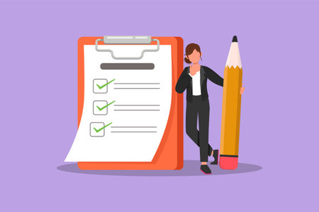 Graphic flat design drawing businesswoman holding big pencil and leaning at completed checklist on clipboard. Effective planning, time management. Business metaphor. Cartoon style vector illustrationのイラスト素材