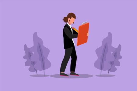 Character flat drawing female office secretary writing with clipboard. Smart woman in elegant wear, assisting in paper work. Business workwear trend, city fashion. Cartoon design vector illustrationのイラスト素材