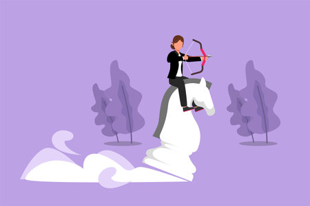Character flat drawing of beauty attractive businesswoman holding archery aiming target while riding chess knight piece, strategic concept. Success business manager. Cartoon design vector illustrationのイラスト素材