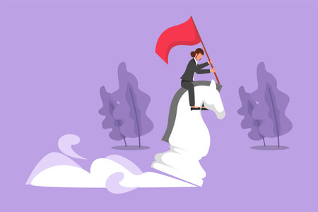 Cartoon flat style drawing motivation businesswoman riding big chess horse knight and holding flag, strategy, goals, competitive, strategic move in business concept. Graphic design vector illustrationのイラスト素材