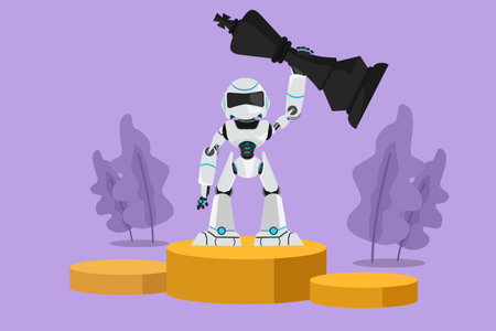 Character flat drawing robot holding and lifting king chess piece at first champions stage. Win game. Humanoid robot cybernetic organism. Future robotic development. Cartoon design vector illustrationのイラスト素材