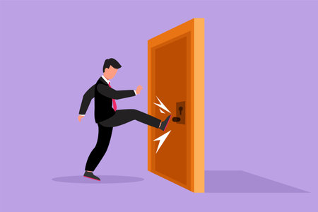 Cartoon flat style drawing of young businessman kicks door closed with his leg. Aggressive business approach. Business struggles for success in market competition. Graphic design vector illustrationのイラスト素材