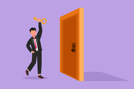 Cartoon flat style drawing of young businessman lifting key in front of door. Man holding key to open office room door. Starting morning with success spirit to work. Graphic design vector illustrationのイラスト素材