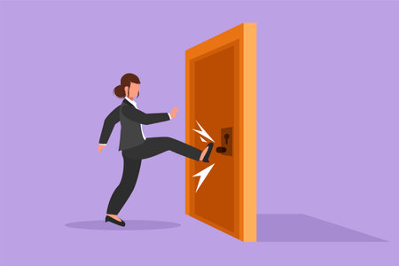 Graphic flat design drawing of young businesswoman kicks door closed with her leg. Aggressive business approach. Business struggles for success in market competition. Cartoon style vector illustrationのイラスト素材