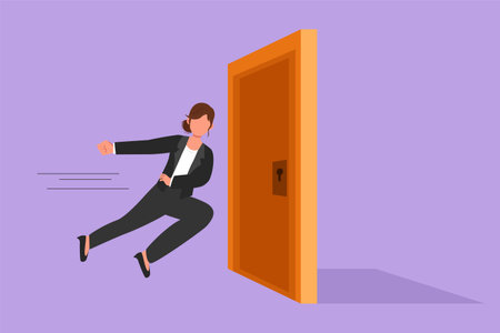 Graphic flat design drawing of young businesswoman running and want to break down door. Business struggle metaphor. Strength worker for success. Opening closed doors. Cartoon style vector illustrationのイラスト素材