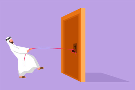 Character flat drawing young Arab businessman pulling door with rope, metaphor to facing big problem. Business struggles in market competition. Strength for success. Cartoon design vector illustrationのイラスト素材
