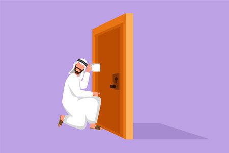 Graphic flat design drawing Arab man eavesdropping at the door. Curious businessman listening to conversation in front of the closed door. Privacy violation concept. Cartoon style vector illustrationのイラスト素材