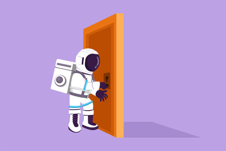 Graphic flat design drawing young astronaut holding a door knob. Entering room in moon surface. Spaceman holding door knob to open door. Cosmonaut deep space concept. Cartoon style vector illustrationのイラスト素材