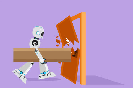 Cartoon flat style drawing robot holding large log and destroying door. Destroying big obstacles with power and brute force. Modern robotic artificial intelligence. Graphic design vector illustrationのイラスト素材