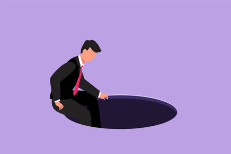 Character flat drawing of businessman descends into the hole. Concept of failure to take advantage of business opportunities. Depressed and business failure concept. Cartoon design vector illustrationのイラスト素材