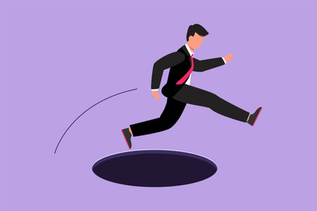 Graphic flat design drawing of young businessman jumping through hole, metaphor to facing big problem. Business struggles in market competition. Strength for success. Cartoon style vector illustrationのイラスト素材