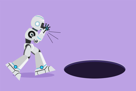 Cartoon flat style drawing robot scream into pit hole. Tech business opportunity. Modern robotic artificial intelligence technology. Electronic technology industry. Graphic design vector illustrationのイラスト素材