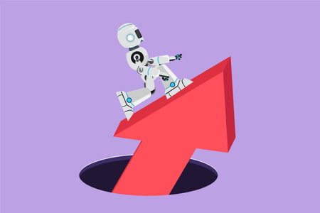 Character flat drawing of robot standing on big arrow coming out of hole. Tech financial graph...