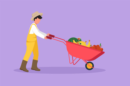 Character flat drawing farming man pushing wheelbarrow with banana, apple, watermelon. Natural tasty food. Organic farm products. Male working on harvesting season. Cartoon design vector illustrationのイラスト素材
