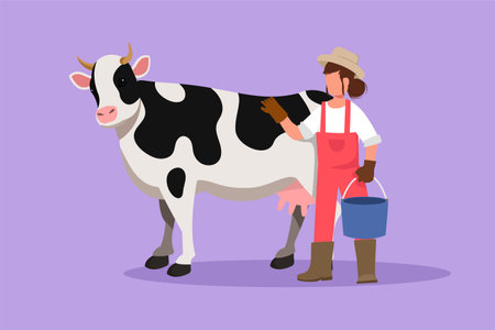 Graphic flat design drawing female farmer character standing near cow with bucket. Woman feeding farm animal. Cute rural scene with shepherdess hugging adorable calf. Cartoon style vector illustrationのイラスト素材