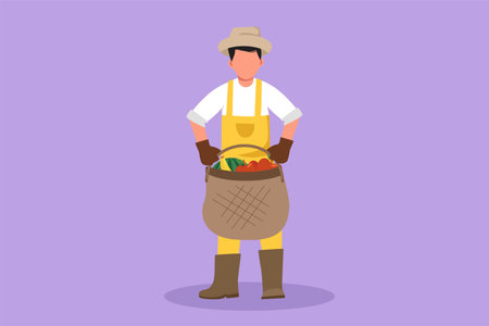 Character flat drawing male farmer carrying basket full of bananas, apples, watermelons. Picking fresh fruit from harvest. Success farmer with organic natural crop. Cartoon design vector illustrationのイラスト素材