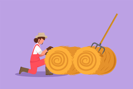 Character flat drawing of young female farmer was stabbing a haystack and rolling it up with a straw stick. Livestock worker activities. Successful farming concept. Cartoon design vector illustrationのイラスト素材