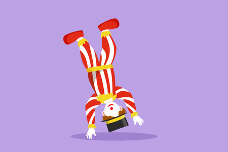 Character flat drawing of male clowns perform handstand stunts which amaze audience. Really great...