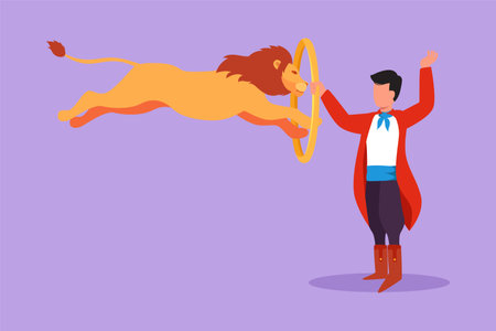 Character flat drawing a lion jumping into circle held by trainer. Trainer stands up carefully. Very challenging animal circus show. Success business entertainment. Cartoon design vector illustrationのイラスト素材